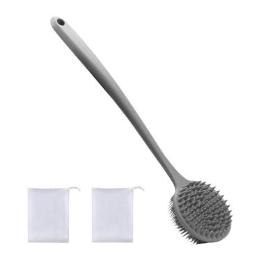 Imagem de KiBcsLic Escova de banho, escova corporal, multifuncional, dupla face, espuma rica com bolas de espuma, esfoliante para as costas, Cinza