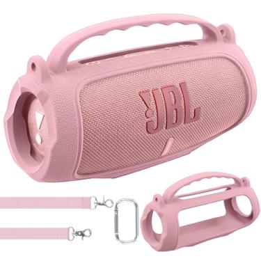 Imagem de co2CREA Capa de silicone para alto-falante Bluetooth JBL Charge 5 portátil, impermeável, capa macia de viagem com alça de ombro, capa protetora para pele (rosa)