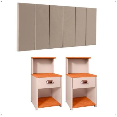 Imagem de Kit 2 Mesas Gaveta Nicho Prateleira Retrô Cléo Off/Cinamomo Cabeceira Estofada Júlia Suede Cama King Size 1,95 Bege Quarto - RPM