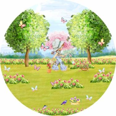 Imagem de Painel de Lona Redondo Menina Jardim Florido Aquarela - Fabrika de Fes