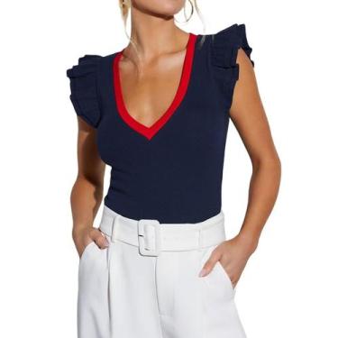 Imagem de Camisa BONITEE Summer Ruffle de manga curta com decote em V para mulhe