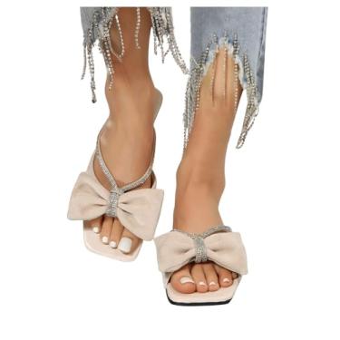 Imagem de OYOANGLE Sandálias femininas de veludo cotelê de veludo cotelê aberto com laço de strass sandálias deslizantes casuais de verão, Bege, 40