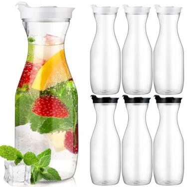 Imagem de Gejoy 6 jarras de água de plástico com tampas, jarras de suco transparente de 947 ml, para bar Mimosa, bebidas, leite, chá gelado, recipientes de bebidas para casa, restaurante, escola, geladeira, não