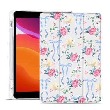 Imagem de MAYCARI Peony Flowers Blue Bows Capa para iPad de 10,2 polegadas 2021/2020/2019 com suporte para lápis, padrão original para iPad 9ª/8ª/7ª geração, capa protetora traseira de TPU macio, capa fina