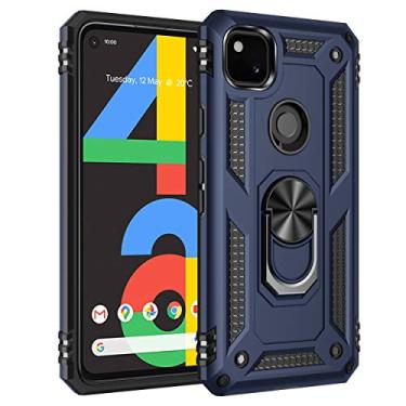 Imagem de SORAKA Capa para Google Pixel 4a com suporte de anel de metal, capa à prova de choque, borda de silicone macio, capa traseira rígida de policarbonato com placa de metal para suporte magnético de