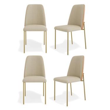 Imagem de Kit 04 Cadeiras Sala de Jantar Lior Estofada Base Dourada Linho Bege m