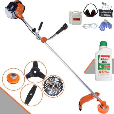 Imagem de Roçadeira Aparador de Grama Lateral Terra GR520-XP À Gasolina 2T 52cc 2,5HP Robusta Com Carretel Nylon + Kit 3 Lâminas de Corte + ÓLEO STIHL 2T + EPI