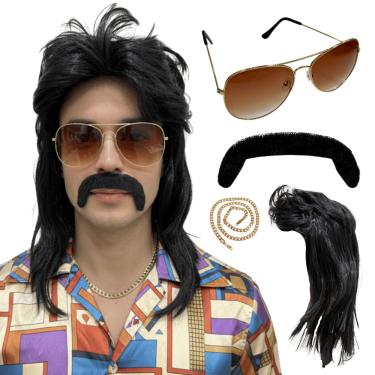 Imagem de Peruca Retrô Anos 80 Rock Com Bigode Óculos Cordão Fantasia