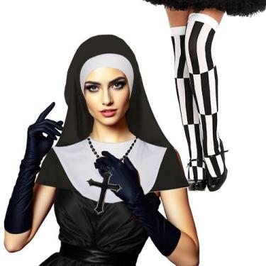 Imagem de Kit Acessório Fantasia Freira: Véu + Gola + Crucifixo + Meia 7/8 + Luv