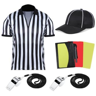 Imagem de Wettarn Conjunto de fantasia de árbitro oficial masculino camisa preta e branca listrada com zíper colarinho chapéu de árbitro apito prata com cordão cartões de bandeira de pênalti scorebook para festa de futebol (GGG)