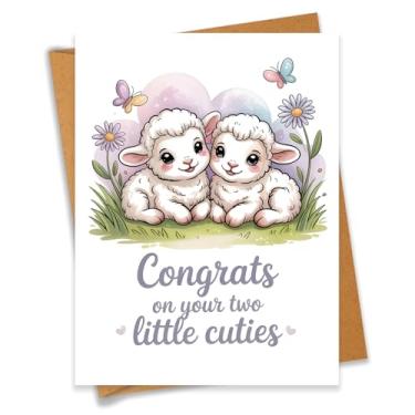 Imagem de Congrats on Your Two Little Cuties Twin Lambs Cartão de chá de bebê presente de gravidez para mãe grávida pai recém-nascido parabéns novos pais - Tamanho 16 x 12 cm em branco dentro com envelope Kraft