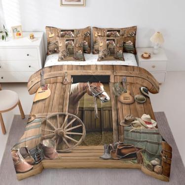 Imagem de Erosebridal Jogo de cama solteiro com estampa de caubói ocidental, cavalo, celeiro, para adolescentes e homens, casa rústica, de madeira, para decoração de quarto de madeira, chapéu country e guitarra