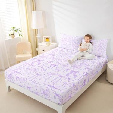 Imagem de Jogo de cama infantil casal com desenho animado com laço roxo, 3 peças, com nó de borboleta, princesa, para adolescentes, mulheres, lençol com elástico alto, 2 fronhas