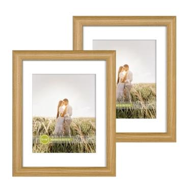 Imagem de iRahmen Conjunto de 2 porta-retratos de 28 x 35,5 cm, molduras de madeira de canto arredondado com vidro HD – exiba imagens de 20 x 25 cm com tapete ou 28 x 35 sem tapete, suporte de parede (marrom