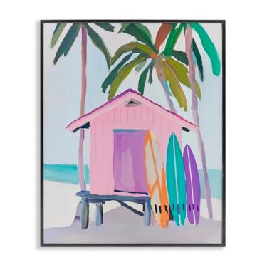 Imagem de Stupell Industries Cabana de praia rosa e quadros brilhantes arte giclée emoldurada preta, design por Sisi e Seb, 76 x 61 cm