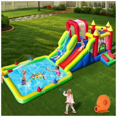Imagem de Parque Aquático Inflável Umbalir 10 em 1: Toboágua Gigante com 2 Escorregadores de Água, Piscina de Respingo, Canhões de Água