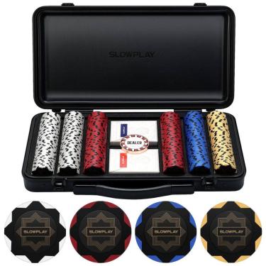 Imagem de Maleta de Poker com Detalhes em Branco e 300 Fichas sem Numeração para Texas Holdem 14g, SLOWPLAY, Preta