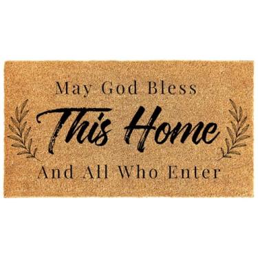 Imagem de Breling Tapete de porta cristão, May God Bless This Home Psalm 121: 8 Versículo da Bíblia Salmo Coco Coir Welcome Door Mat 43.2 cm x 76.2 cm com design de folha de oliveira, suporte de TPR