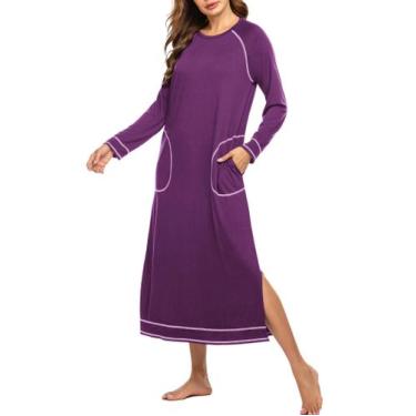 Imagem de Camisola feminina Ekouaer de manga comprida com bolsos