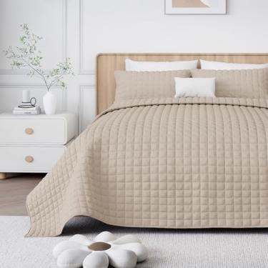 Imagem de WSOFRLAC Conjunto de colcha tamanho Queen, conjunto de edredom de veludo luxuoso com fronhas, colcha macia e leve para todas as estações, cáqui claro