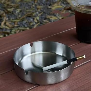 Imagem de Cinzeiro doméstico, cinzeiro de aço inoxidável para uso interno ou externo, suporte de cinzeiro de mesa inquebrável para casa, fora do escritório, pátio, varanda (prata média)