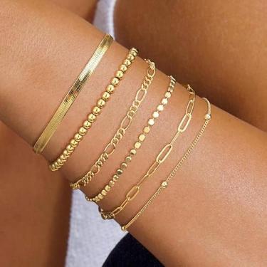 Imagem de Conjunto de 5 peças de pulseiras douradas para mulheres, punho empilhável, conjunto de pulseiras douradas prateadas modernas com elos boêmios, One Size, Aço inoxidável, Sem Pedra Preciosa