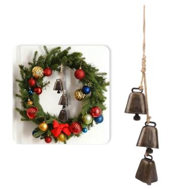 Imagem de Brosay 1 peça de sinos para decoração de Natal vintage sino de vaca rústico para pendurar na parede em corda de juta enfeites de sino para decoração de guirlandas de árvore de Natal (quadrado)