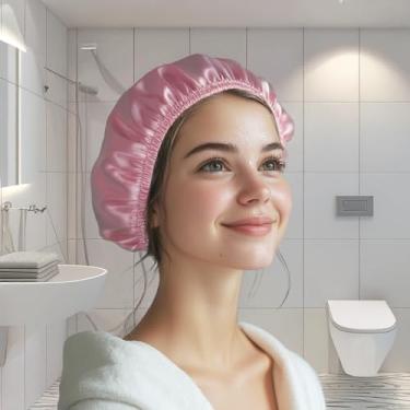 Imagem de Pacote com 2 toucas de banho para mulheres, toucas de banho, elásticas reutilizáveis e à prova d'água, touca de cabelo de camada dupla, chapéu de banho de cabelo de proteção ambiental