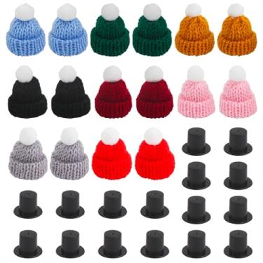 Imagem de ASUNFO 32 peças de chapéus de boneco de neve mini 16 chapéus de malha de Natal pequeno 16 Papai Noel preto cartola superior de plástico kit de inverno para artesanato ornamentos decoração de Natal
