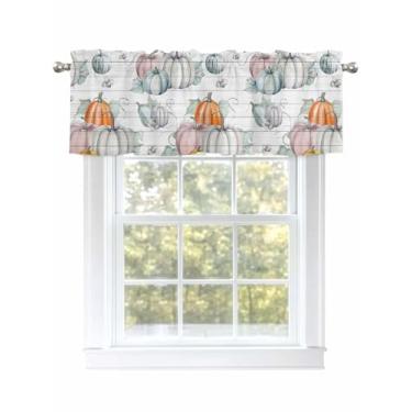 Imagem de Saia de abóbora laranja outono Dia de Ação de Graças para janelas vintage de madeira branca texturizada para janelas de sala de estar/banheiro, cortina de café com bolso de haste. 1 painel, 137 cm ×