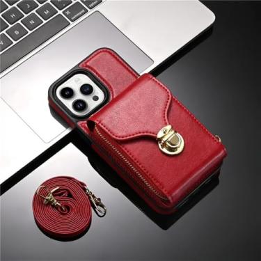 Imagem de Capa de telefone tipo carteira de couro com cordão crossbody para iPhone 15 14 Pro Max 13 12 11 XS XR X SE 2022 8 7 Plus Flip Stand Cover, vermelha, para iPhone 7Plus 8Plus
