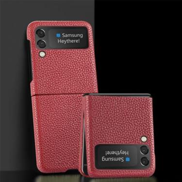 Imagem de Capa de telefone de couro de vaca para Samsung Galaxy Z Flip 5 4 3 Flip5 Flip4 ZFlip5 Capa traseira, vermelha, para Galaxy Z Flip 3
