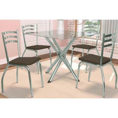 Imagem de Kit 4 Cadeiras Sala Jantar Volga C- Tampo De Vidro 90cm E 4 Cadeiras Portugal Cromada - Courano Marrom - Kappesberg