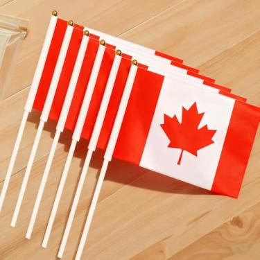 Imagem de Conjunto de decoração de mini bandeira - Pacote com 10 bandeiras de 21 x 14 cm em postes de 30 cm com base dourada - Decorações de mesa patrióticas e suprimentos de festa para mesa e escritório