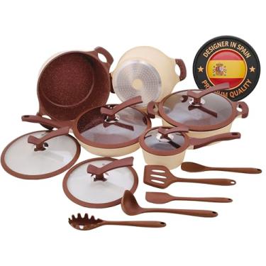 Imagem de Jogo Panelas 15 Peças antiarerente PREMIUM Com Revestimento de CERÂMICA 7 camadas com espessura de 5mm, Indução, Gás, Vitrocerâmico, Elétrico, designer Compatível com Moncoc Arezzo, Frita sem óleo,