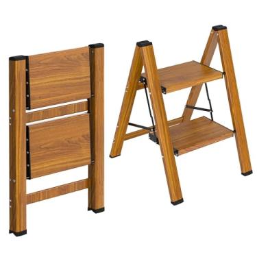 Imagem de HBTower Escada de degrau, banqueta dobrável de alumínio leve com pedal largo antiderrapante, escada de degrau com capacidade de 150 kg para casa, cozinha, escritório - madeira