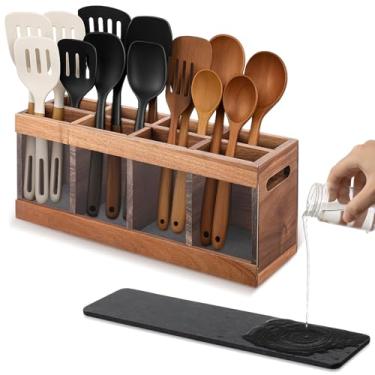 Imagem de Yiyiring Organizador grande de utensílios de cozinha com 8 compartimentos para balcão ou bancada com pedra absorvente, suporte extra grande de utensílios de madeira rústica de acácia para