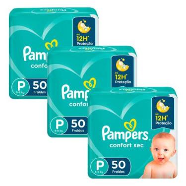 Imagem de Kit 3 Fralda Pampers Confort Sec Tamanho P Pacote Mega com 50 Fraldas 