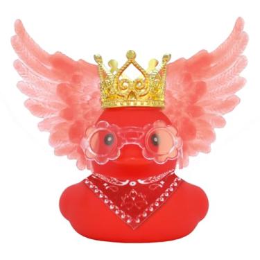 Imagem de FINEED Red Rubber Duck Car Accessory Set (Includes Crown, Glasses, Wings, and bib), Squeaky Dashboard Decoration, DIY Stress-Relief car Accessories, Includes Adhesive Tape