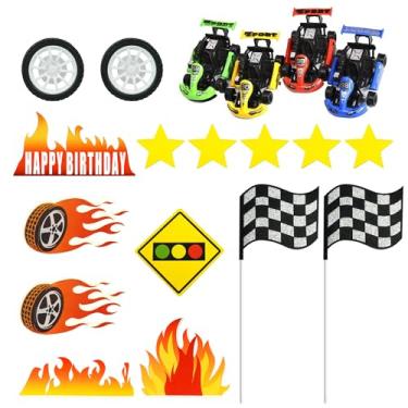 Imagem de Topo de bolo de carro de corrida, decoração de bolo, bandeira de roda, brinquedos de corrida para homem, menino, criança, festa de aniversário, tema de corrida, suprimentos de lembrancinha de festa de