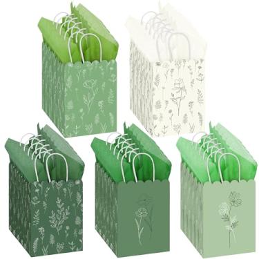 Imagem de MIMIND 60 sacos de presente de flores silvestres verdes sálvia com alças reutilizáveis sacos de papel florais com papel de seda para casamentos, aniversários, lembrancinhas de festa de chá de bebê