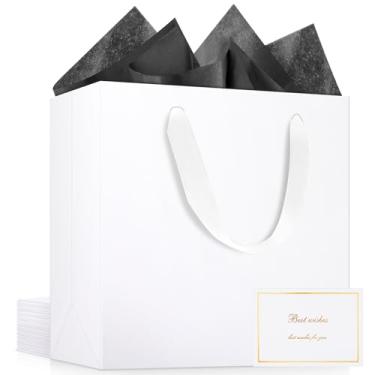 Imagem de EUSOAR Sacos de presente brancos, 12 peças de 31,8 x 11,4 x 28 cm, sacos de presente grandes com alças, 25 peças de papel de seda preto de 50,8 x 76,2 cm e 12 peças de cartões brancos em branco, sacos