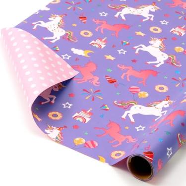 Imagem de WERNNSAI Rolo de papel de embrulho de aniversário de princesa unicórnio - 1 rolo de papel de embrulho de unicórnio roxo de 43 cm x 5 m para meninas, tema de princesa, presente de aniversário