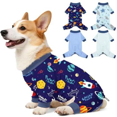 Imagem de Bienbee Pijamas para cães, 4 peças, pijamas macios e elásticos para cães, fantasia para cães pequenos, médios e grandes, meninos e meninas (conjunto de foguetes e animais marinhos) - GG