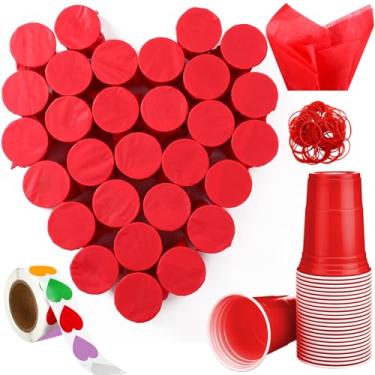 Imagem de Jingmore Conjunto de 50 peças de jogo de punção de Dia dos Namorados DIY Prize Punch Box Game 50 peças 473 ml copo de plástico 50 folhas de papel de seda 150 adesivos em forma de coração 100 elásticos