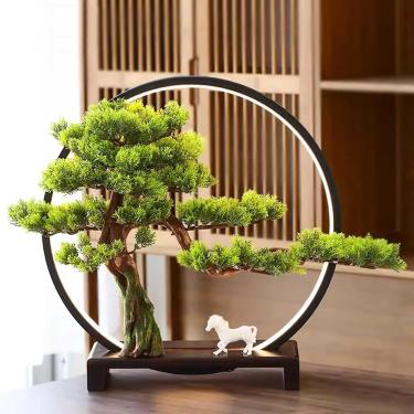 Imagem de Árvore De Bonsai Artificial Com Lâmpada Led, Base De Madeira Maciça, Ornamento De Planta Em Vaso De Pinho De Boas-vindas Realista, Planta Verde De Bonsai De Simulação, G