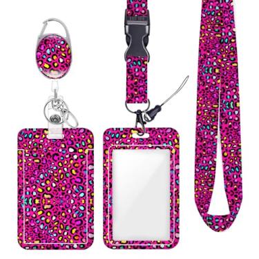 Imagem de Cordão de crachá colorido arco-íris neon leopardo para crachá para crachás de identificação, protetor de trabalho, clipes de mosquetão retráteis, cordão de chave resistente para mulheres, enfermeira