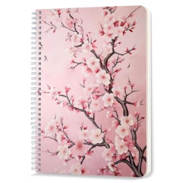 Imagem de Caderno espiral forrado, 100 páginas, 14,5 x 21 cm, papel pautado universitário, caderno espiral de fio duplo para estudo e anotações - flores de cerejeira rosa