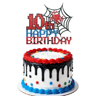 Imagem de Topo de Bolo Aniversário Aranha Pixelado, Topo Bolo Aniversário com Teia Aranha Brilhante para Meninos Meninas Lembrancinhas e Decoração para Festa Temática (10º)