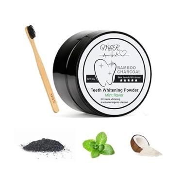Imagem de M&R Nova fórmula mais delicada 100% orgânica carvão ativado branqueamento em pó + escova de dentes de bambu/30 g de carvão de coco, removedor eficaz de manchas de dentes e pasta de dente alternativa
